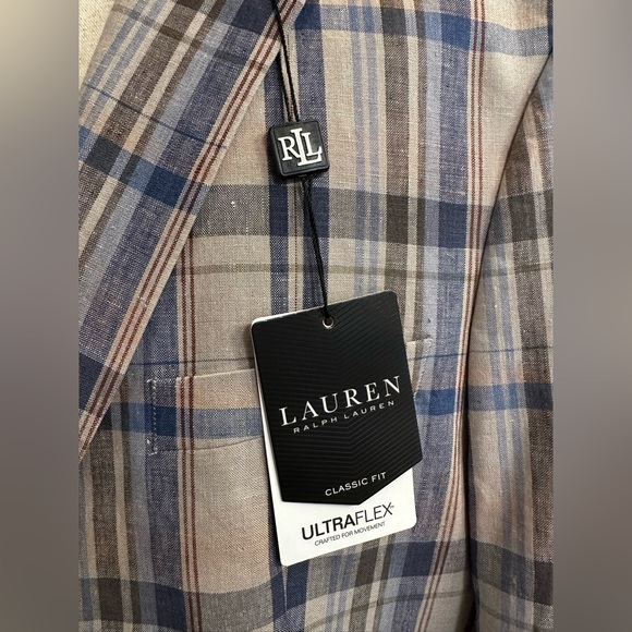 LAUREN Ralph Lauren Lassiter 100% Linen Blue, Brown and Tan Plaid Blazer, 46R - Picture 3 of 11